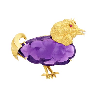 Lot 386 - Gold, Carved Amethyst, Cabochon Ruby and Cultured Pearl Brooch, France