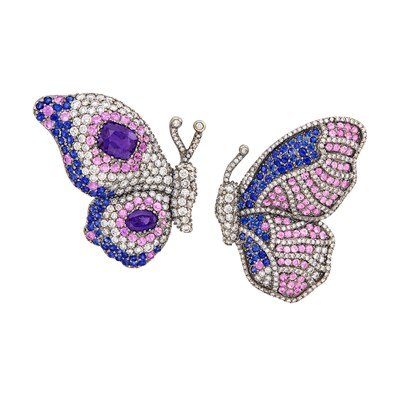 Lot 456 - Pair of Blackened Gold, Multicolored Sapphire and Diamond Butterfly Earclips