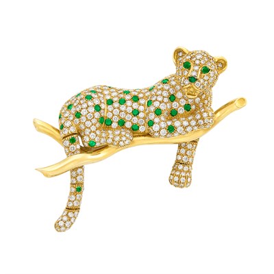 Lot 117 - Gold, Diamond and Emerald Leopard Clip-Brooch