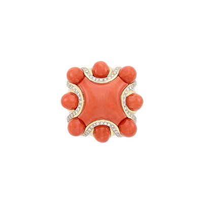 Lot 1335 - Two-Color Gold, Coral and Diamond Ring