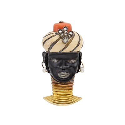 Lot 158 - Gold, Silver, Coral, Enamel, Diamond and Seed Pearl Blackamoor Clip, Cartier, Paris