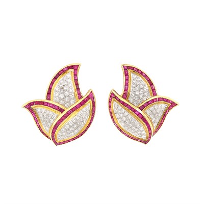 Lot 508 - Pair of Two-Color Gold, Diamond and Ruby Leaf Earclips