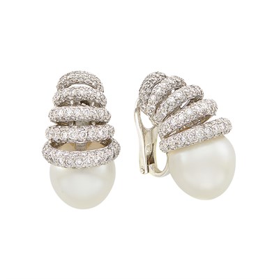 Lot 59 - Pair of White Gold, Diamond and South Sea Cultured Pearl Earclips