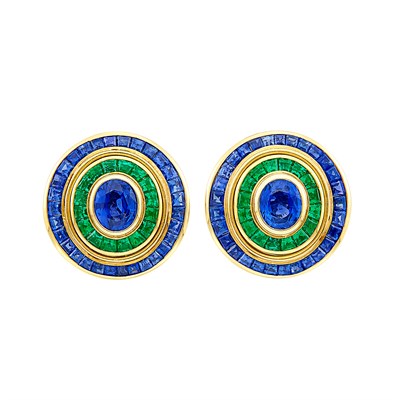 Lot 41 - Pair of Gold, Sapphire and Emerald Earclips