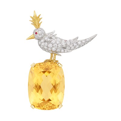Lot 341 - Gold, Platinum, Diamond and Citrine 'Bird on the Rock' Brooch, Tiffany & Co., Schlumberger