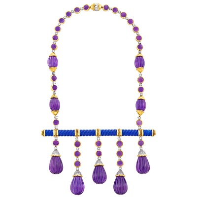 Lot 388 - Fluted Amethyst and Lapis, Cabochon Amethyst, Gold and Diamond Necklace, Zolotas