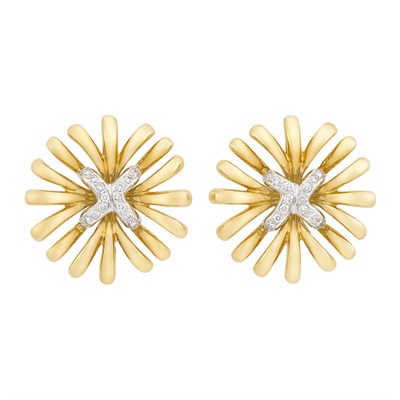 Lot 315 - Pair of Two-Color Gold and Diamond Flower Earclips