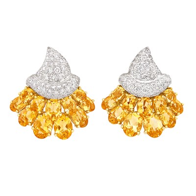 Lot 340 - Pair of Two-Color Gold, Diamond and Citrine Earclips