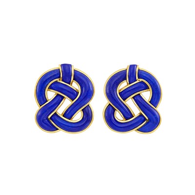 Lot 390 - Pair of Gold and Lapis Pretzel Earrings, Tiffany & Co.