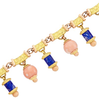 Lot 26 - Two-Color Gold, Coral and Lapis Bead Charm Bracelet, Emil Meister for Cazzaniga