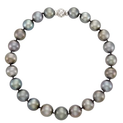 Lot 473 - Tahitian Gray Cultured Pearl Necklace with White Gold and Diamond Ball Clasp