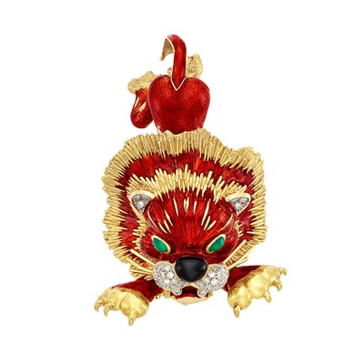 Lot 67 - Gold, Red Enamel, Diamond and Dyed Green Chalcedony Lion Clip-Brooch, Frascarolo