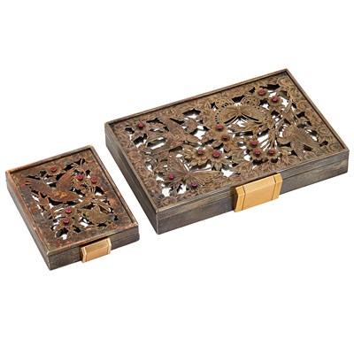 Lot 216 - Silver, Rose Gold and Cabochon Ruby Vanity and Compact, Boucheron, Paris