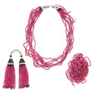 Lot 1565 - Multistrand Ruby and Black Onyx Bead, Platinum, Black Onyx, Frosted Rock Crystal and Diamond Necklace with Fringe Pendant-Brooch