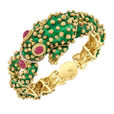 Lot 417 - Gold, Platinum, Green Enamel, Cabochon Ruby and Diamond Frog Bracelet, David Webb
