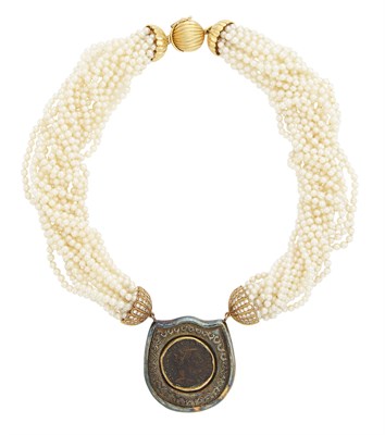 Lot 1684 - Cultured Pearl, Gold and Diamond Torsade Pendant-Necklace
