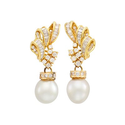Lot 334 - Pair of Gold, Diamond and South Sea Cultured Pearl Pendant-Earrings