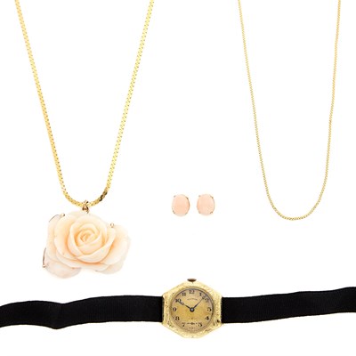 Lot 1475 - Gold Watch, Illinois, and Gold and Coral Pendant, Pair of Earrings and Two Chains