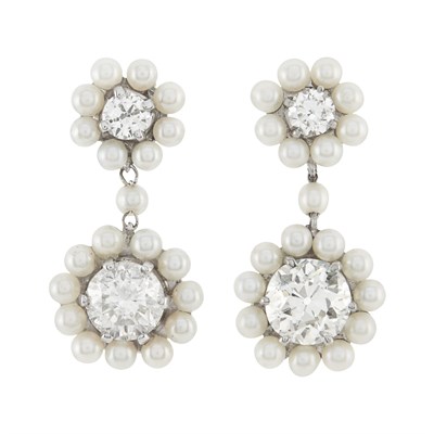 Lot 3 - Pair of Edwardian Platinum, White Gold, Diamond and Pearl Pendant Earrings