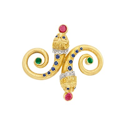Lot 165 - Gold, Gem-Set and Diamond Double Chimera Brooch, Zolotas