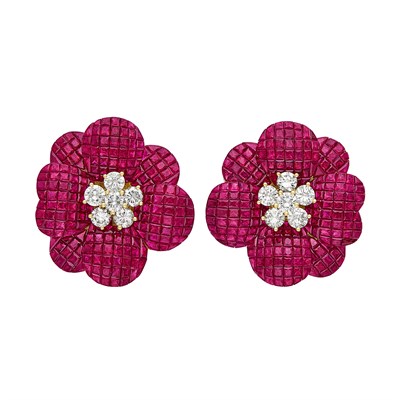 Lot 107 - Pair of Gold, Diamond and Invisibly-Set Ruby Flower Earclips