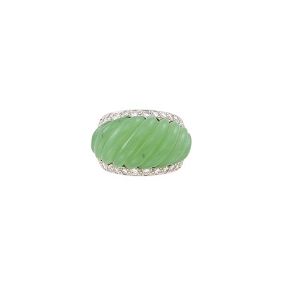 Lot 316 - Gold, Platinum, Fluted Nephrite and Diamond Bombé Ring, David Webb