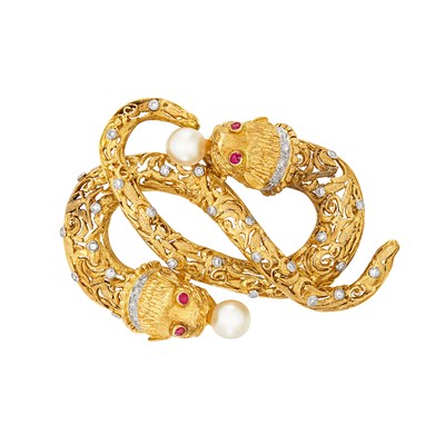 Lot 72 - Two-Color Gold, Diamond, Cultured Pearl and Ruby Clip-Brooch, Ilias Lalaounis