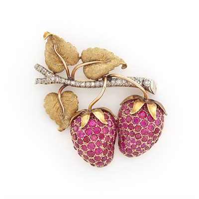 Lot 1552 - Tricolor Gold, Ruby and Diamond Strawberry Brooch