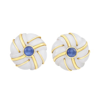 Lot 88 - Pair of Gold, Carved Chalcedony and Cabochon Sapphire Earclips, Gump's