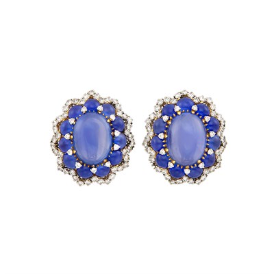 Lot 453 - Pair of Gold, Platinum, Cabochon Sapphire and Diamond Earclips, Bulgari