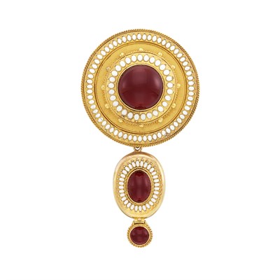 Lot 131 - Archaeological Revival Gold, Cabochon Garnet and Enamel Brooch