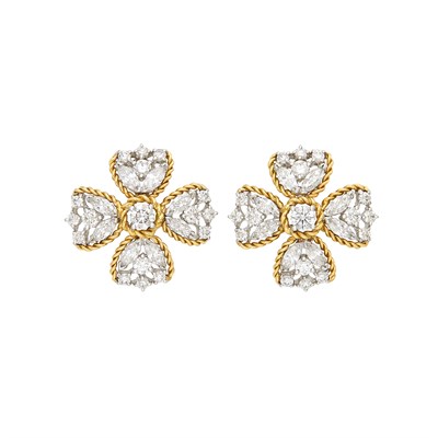 Lot 323 - Pair of Two-Color Gold and Diamond Flower Earclips