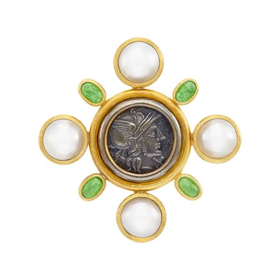 Lot 85 - Gold, Silver Medallion, Mabé Pearl and Cabochon Green Garnet Clip-Brooch, Elizabeth Locke