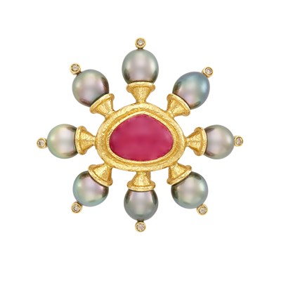Lot 291 - Gold, Cabochon Pink Tourmaline, Tahitian Gray Cultured Pearl and Brown Diamond Clip-Brooch