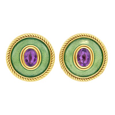 Lot 365 - Pair of Gold, Cabochon Amethyst and Green Enamel Earclips, de Vroomen