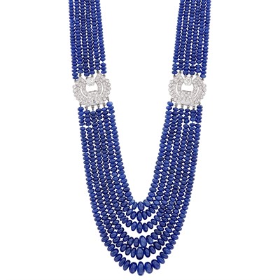 Lot 508 - Six Strand Sapphire Bead, Platinum and Diamond Necklace