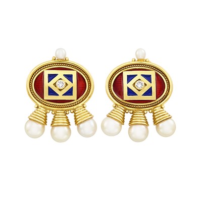 Lot 140 - Pair of Gold, Enamel, Cultured Pearl and Diamond Earclips, Elizabeth Gage
