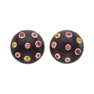 Lot 576 - Pair of Gold, Wood and Multicolored Tourmaline Button Earclips