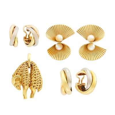 Lot 282 - Two Pairs of Tricolor Gold 'Trinity' Hoop Earrings and Gold Pendant, Cartier, and Gold and Cultured Pearl Earclips, Tiffany & Co.