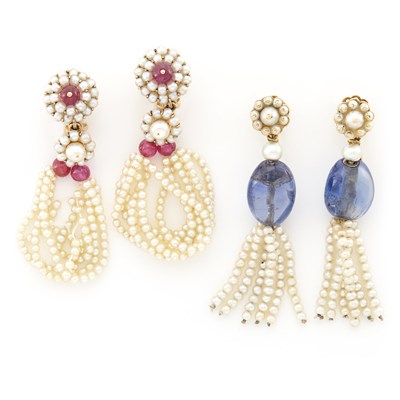 Lot 1601 - Two Pairs of Seed Pearl, Ruby and Sapphire Bead Pendant-Earclips