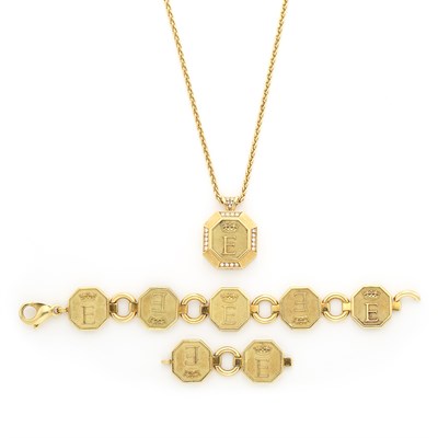 Lot 1595 - Gold and Diamond Bracelet, Pendant-Necklace and Pendant