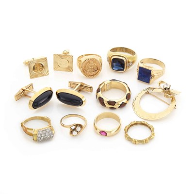 Lot 1621 - Gold, Enamel, Cultured Pearl, Hardstone, Synthetic and Colored Stone Rings, Brooch and Two Pairs of Cufflinks