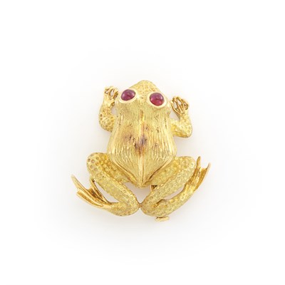 Lot 1568 - Gold and Cabochon Ruby Frog Pin and Gold, Diamond and Sapphire Nantucket Basket Pendant