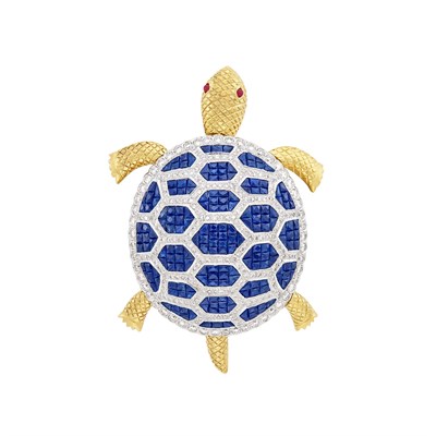 Lot 248 - Two-Color Gold, Invisibly-Set Sapphire and Diamond Turtle Pendant Clip-Brooch