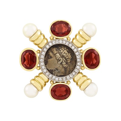 Lot 210 - Gold, Silver Coin, Garnet, Diamond and Cultured Pearl Pendant-Brooch