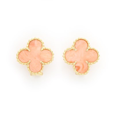 Lot 1579 - Pair of Gold and Coral Clover Earrings