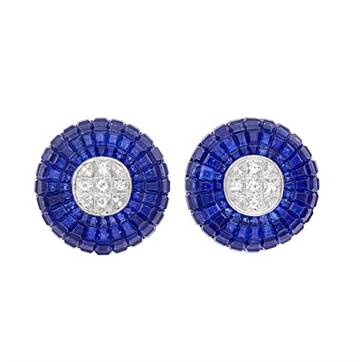Lot 491 - Pair of White Gold, Diamond and Invisibly-Set Sapphire Earclips