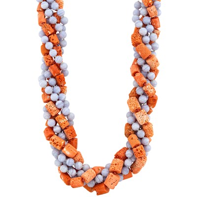 Lot 567 - Long Five Strand Sponge Coral and Blue Lace Agate Bead Necklace, Tiffany & Co.