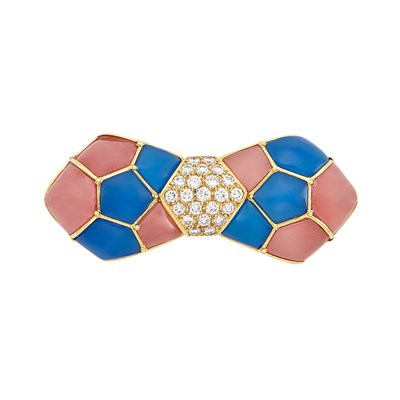 Lot 86 - Gold, Rhodochrosite, Blue Chalcedony and Diamond Bow Clip-Brooch, Van Cleef & Arpels, France