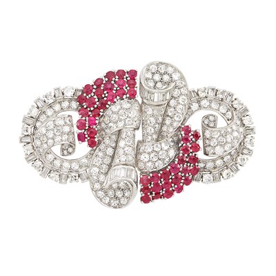 Lot 503 - Platinum, White Gold, Ruby and Diamond Double Clip-Brooch, France